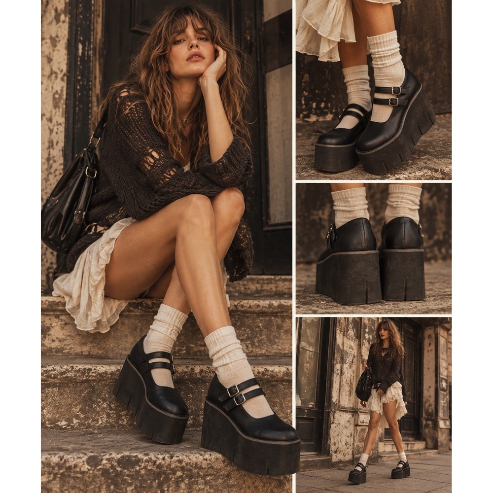 Demonia Kera-08 Black Vegan Leather Double Strap Platform Mary Janes Womens 7
